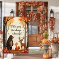 Fall garden flag with forest animals and pumpkins on a porch for Thanksgiving decor - Forest Animals Illustration (HYQ92-15)