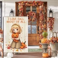 Fall garden flag featuring a cute anime girl hugging a pumpkin with maple leaf accents - Girl Holding Pumpkin (HYQ92-16)