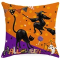 Halloween Kissenbezug mit schwarzer Katze, Hexe und Geist auf Leinenstoff gedruckt - Hexe Und Geist Muster (DYM374-2)