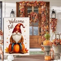 Fall garden flag featuring a gnome on a pumpkin with maple leaves and Welcome Fall text - Gnome Sitting on Pumpkin (HYQ92-18)