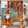 Welcome garden flag featuring an autumn gnome sitting on a pumpkin for porch decor - Gnome Sitting on Pumpkin with Hot Drink (HYQ92-20)