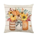 Watercolor pumpkin and sunflower linen pillow cover with mason jars for fall decor - Watercolor Pumpkin Sunflower Illustration Style (DYM349-33) / 45cmx45cm Linen Without Core