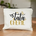 Detail of white canvas makeup bag with MA tata CHÉRIE print and golden heart detail - My Dear Aunt Style (TSND28-17) / 21.5*15cm