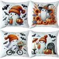 Set of 4 Halloween throw pillow covers featuring ghost, pumpkin, and bat illustrations - Q Version Ghost Bat (TDLD97-36)