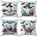 Detail of four Halloween pillow covers with ghost illustrations and festive typography - Cartoon Q Ghost (TDLD97-35)