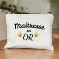 Detail of canvas pouch featuring Maîtresse en OR text and gold heart prints on a desk - Great Teacher Style (TSND28-9) / 21.5*15cm