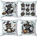 Detailed view of four Halloween pillow covers with raccoon and pumpkin patterns - Anthropomorphic Raccoon (TDLD97-34)