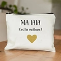 Borsa da trucco in tela bianca con testo francese e cuore glitterato su superficie in legno - La Zia È La Migliore Stampa (TSND28-1) / 21.5*15cm
