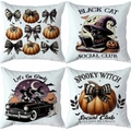 Set of four Halloween pillow covers with pumpkin, black cat and witch patterns - Gothic Black Cat Pumpkin (TDLD97-33)