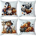 Close-up of four Halloween pillow covers with pumpkin, ghost, and welcome fall motifs - Welcome Fall Scarecrow (TDLD97-32)