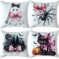 Set of four Halloween pillow covers featuring ghost, spider, and black cat designs - Cute Pink Black Ghost (TDLD97-29)