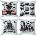 Set of four Halloween pillow covers with ghost, pumpkin, black cat, and haunted house designs - Gothic Castle Bat (TDLD97-25)