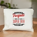 Minimalist white canvas cosmetic bag featuring a French quote print and black zipper - Super Aunt Funny Slogan Print (TSND28-7) / 21.5*15cm