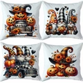 Detailed view of 4-pack Halloween pillow covers with pumpkin gnomes and vintage truck motifs - Halloween Gnomes (TDLD97-8)