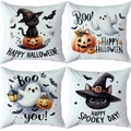 Detailed view of four Halloween pillow covers with watercolor ghosts, pumpkins, and black cats - Watercolor Halloween (TDLD97-16)