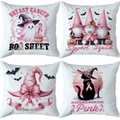Detalle de cuatro fundas de cojín de Halloween con fantasma y lazo rosa de lucha contra el cáncer - Fantasma Cinta Rosa (TDLD97-2)