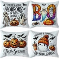 Juego de cuatro fundas de cojín de Halloween con estampados de fantasmas y calabazas - Momia y Murciélago (TDLD97-4)