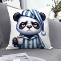 Grappige witte panda kussenhoes met pyjama en koffiemok op een grijze bank - Panda (CDR366-1) / Vierkant
