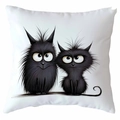 White square cushion cover with artistic black cat print and soft textured fabric - Frizzy Hair Big Eyes Style (CDR368-5)
