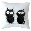 Decorative white square pillow featuring cute hand-drawn cartoon black cat illustrations - Fun Hand-drawn Style (CDR368-7)