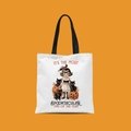 Mini Halloween canvas tote bag with retro spooky illustration and black handles - Vintage Girl And Cat Style (FBDT02-1)