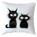 Square white throw pillow featuring minimalist black cartoon cat illustrations for home decor - Playful Childlike Style (CDR368-9)
