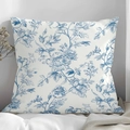 Dettaglio dell'elegante motivo floreale Toile blu sulla federa decorativa in lino bianco - Stile Stampa Blu Bianco Classico (CDR373-3) / 45*45cm Peluche Corto Monofacciale Senza Interno