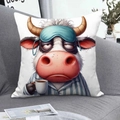 White square pillowcase with tired cartoon cow drinking coffee and wearing an eye mask - Cow (CDR366-5) / Square