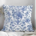 Trama dettagliata del cuscino di lino a fiori blu su biancheria da letto in casa accogliente - Stile Floreale Vintage Europeo (CDR373-1) / 45*45cm Peluche Corto Monofacciale Senza Interno