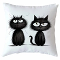White square decorative pillow featuring two quirky black cartoon cat illustrations - Grotesque Visual Style (CDR368-11)