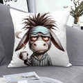 Cartoon sleepy donkey pillow cover on sofa with striped pajamas and coffee print - Donkey with Eye Mask (CDR366-6) / Square