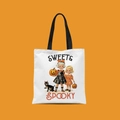 Vintage Halloween canvas tote bag with black handles and Sweet & Spooky pumpkin print - Sweet & Spooky Style (FBDT02-4)