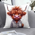 Cute highland cow in pajamas holding coffee cup on white square animal pillow case - Orange Highland Cow (CDR366-8) / Square