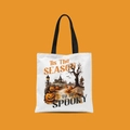 Mini Halloween canvas tote bag with pumpkin and ghost house print on orange background - Spooky Season House Style (FBDT02-6)