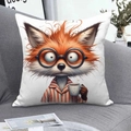 Cartoon sleepy fox in striped pajamas holding coffee on white square cushion cover - Fox (CDR366-10) / Square