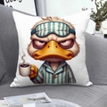 Cute cartoon tired duck pillow cover with coffee illustration on gray fabric sofa - Pessimistic Duck (CDR366-11) / Square