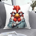 Cute cartoon sleepy rooster cushion cover on sofa with coffee mug and blue stripes - Lazy Rooster (CDR366-13) / Square