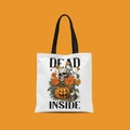Mini Halloween canvas tote bag with skeleton and pumpkin print on orange background - Dead Inside Skull Style (FBDT02-9)