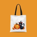 Mini Halloween canvas tote bag with black cat and pumpkin illustration on white fabric - Black Cat Pumpkin Maple Style (FBDT02-11)