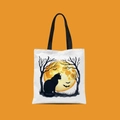 Mini Halloween tote bag with black cat and full moon illustration on white canvas - Black Cat Full Moon Silhouette Style (FBDT02-12)