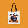 Mini Halloween white canvas tote bag with cauldron and pumpkin print on orange background - Witch Cauldron Candy Pumpkin Style (FBDT02-14)