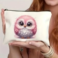 Close-up of white canvas pouch held by hands featuring a cute pink owl illustration - 21.5*15cm / Big Eyed Chibi Owl Style (TSND35-8)