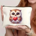 Detail of cute owl cosmetic bag with heart print being held by hands to show size - 21.5*15cm / Fluffy Owl Holding Red Heart Style (TSND35-7)