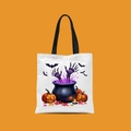 Mini Halloween canvas tote bag featuring a white base with a spooky witch cauldron print - Black Cauldron Skull Hand Style (FBDT02-16)