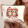Detail of white makeup bag with cartoon owls and pink hearts held by a model - 21.5*15cm / Owl with Knit Hat Style (TSND35-5)