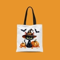 Mini Halloween canvas tote bag with black cat and pumpkin print on orange background - Witch Hat Black Cat Pumpkin Style (FBDT02-19)