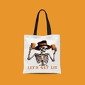 Mini Halloween canvas tote bag with dancing skeleton and Let's Get Lit orange slogan - Let's Get Lit Skull Beer Style (FBDT02-20)