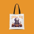 Mini white canvas tote bag featuring Spooky Babe print and orange Halloween jack-o'-lanterns - Spooky Babe Skull Style (FBDT02-21)