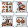 Detalle de cuatro fundas de cojín de otoño con estampados de calabazas y botas vintage - Estilo Otoño Calabaza Botas de Vaquero Gnomo (TDLD98-3)