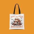 Mini Halloween canvas tote bag with skull cake print on bright orange background - Happy Halloween Birthday Style (FBDT02-22)